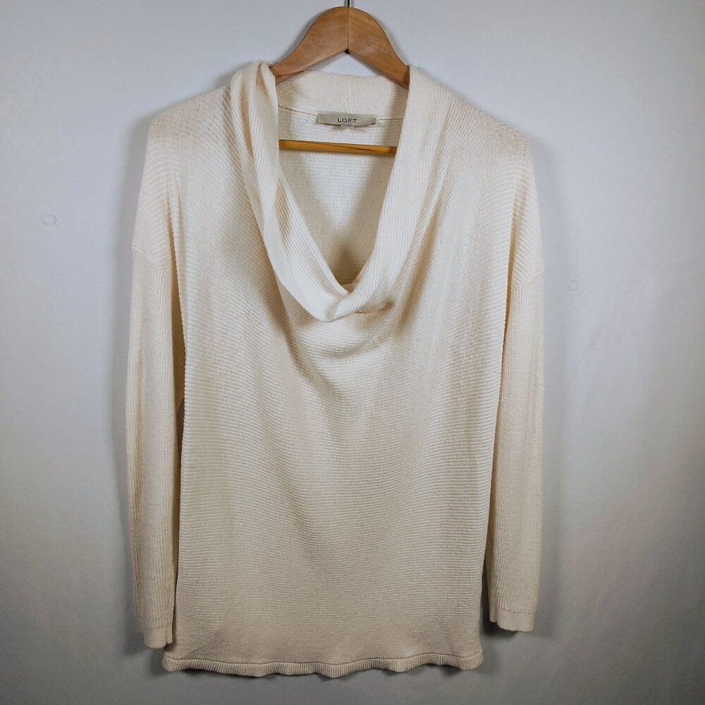 LOFT Cowl‑Neck Ribbed Sweater Women’s Medium Cream